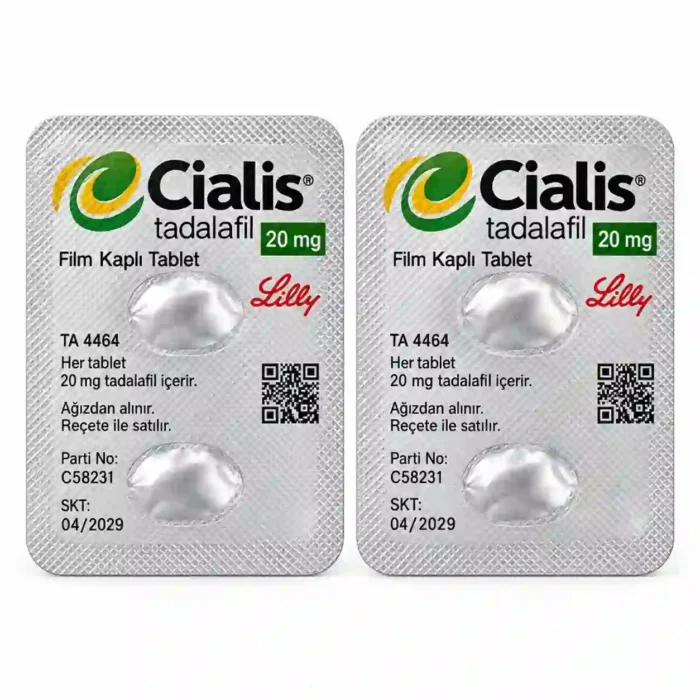 Cialis 20 mg 4 tablet blister arka yüzü, Lilly logosu, tadalafil ambalaj baskısı, karekod ve 2029 SKT detaylarını gösteren ürün görseli.