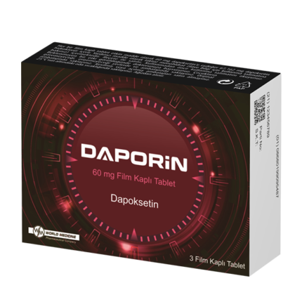 "Daporin 60 mg 6 tablet kutusu, dapoksetin hidroklorür içeren film kaplı tablet ilacı, beyaz zemin üzerinde mavi ve yeşil tonlarda ambalaj tasarımı, ürün bilgileri ve marka logosu ile"