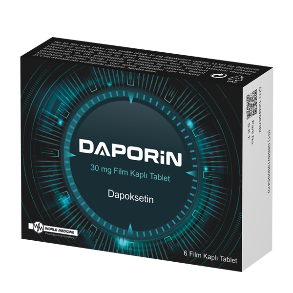 daporin-30-mg "Daporin 30 mg 6 tablet kutusu, dapoksetin hidroklorür içeren film kaplı tablet ilacı, beyaz zemin üzerinde mavi ve yeşil tonlarda ambalaj tasarımı, ürün bilgileri ve marka logosu ile"