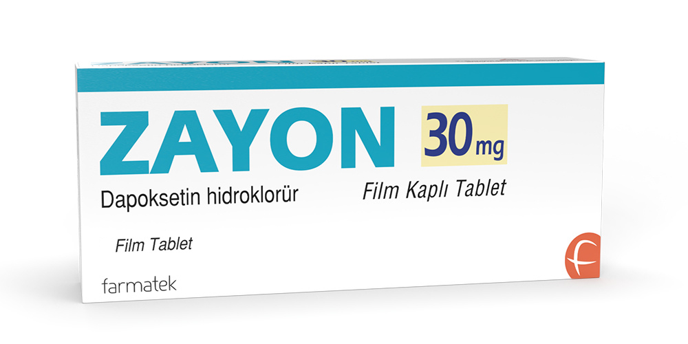 zayon-30-mg-30-tablet "Zayon 30 mg 30 tablet kutusu, dapoksetin hidroklorür içeren film kaplı tablet ilacı, beyaz zemin üzerinde mavi ve sarı tasarımlı ambalaj, Farmatek markası"